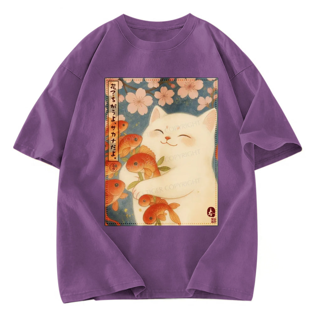 Tokyosol Funny Ukiyoe Cat and Fish Flower Washed T-Shirt