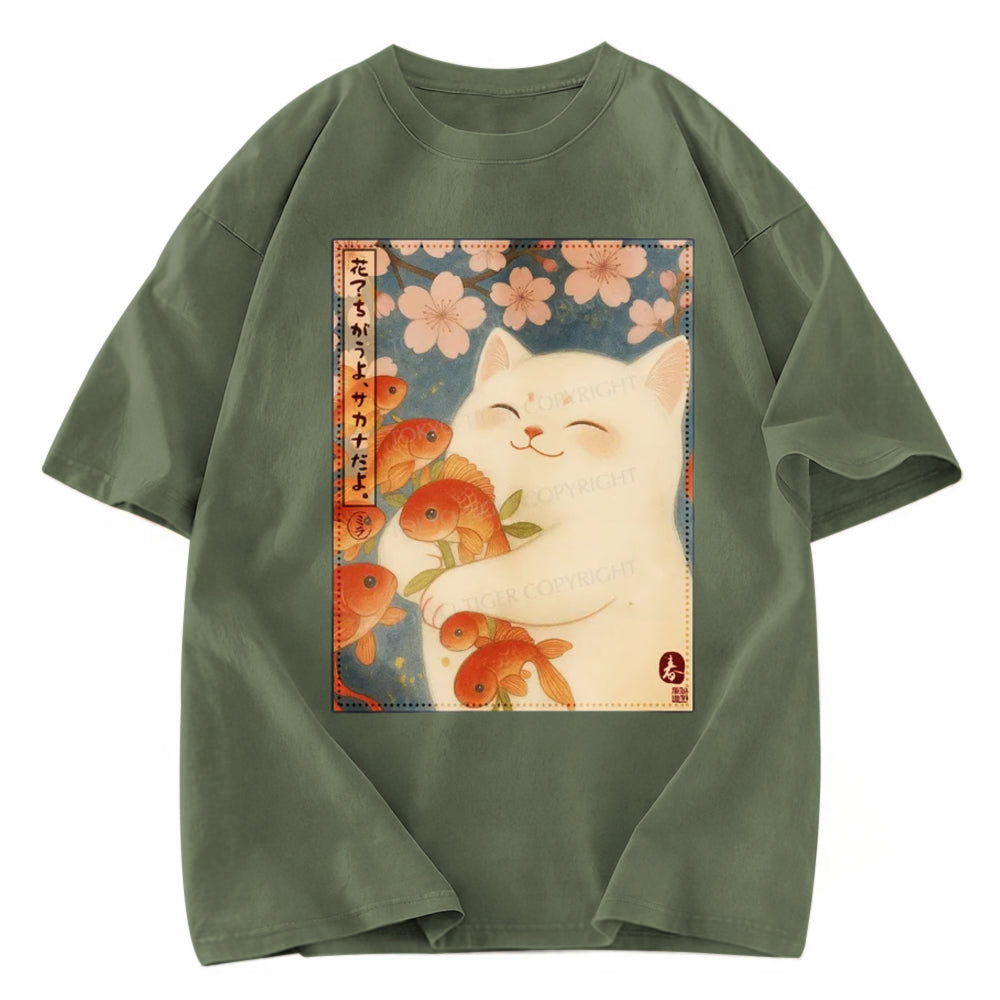 Tokyosol Funny Ukiyoe Cat and Fish Flower Washed T-Shirt