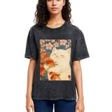 Tokyosol Funny Ukiyoe Cat and Fish Flower Washed T-Shirt