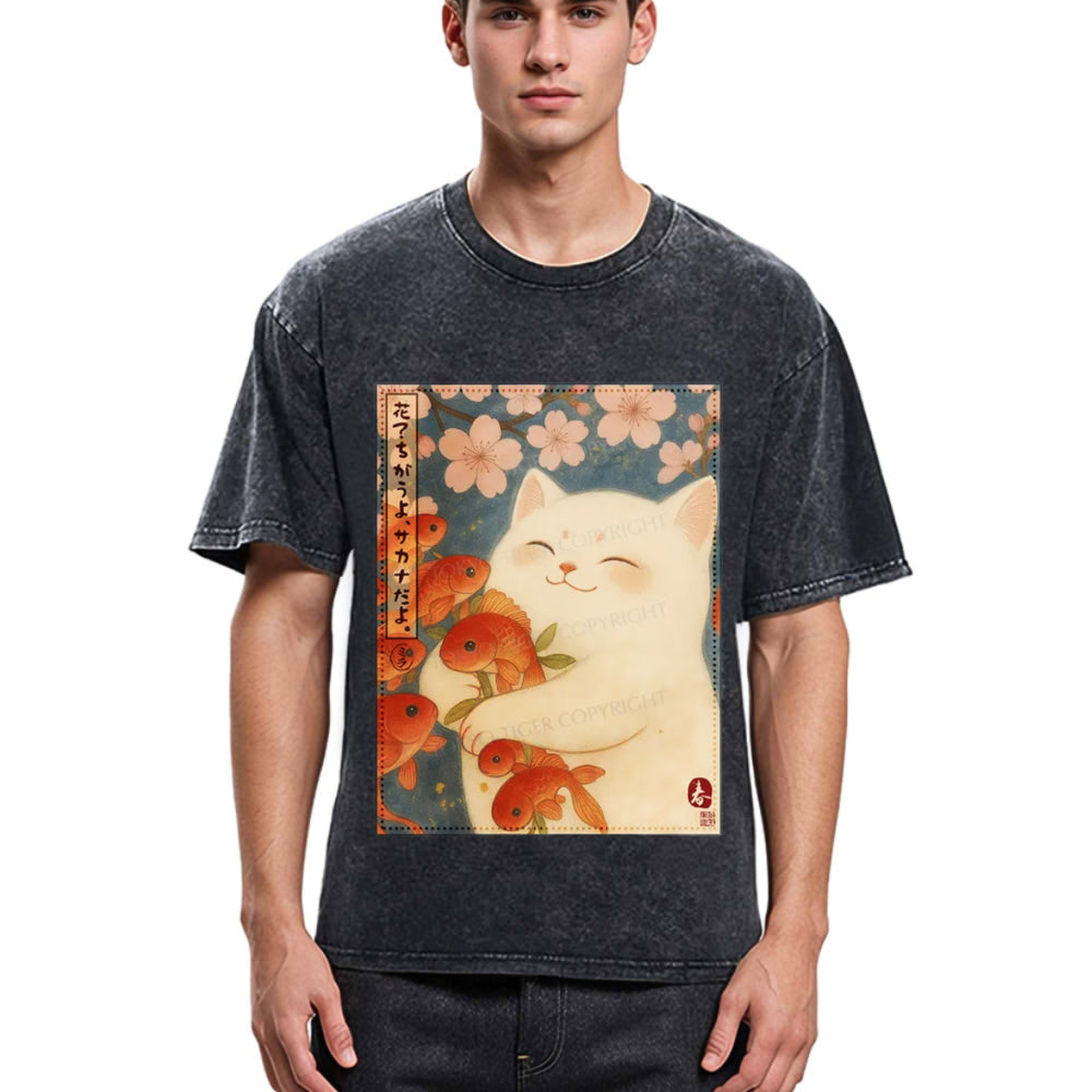 Tokyosol Funny Ukiyoe Cat and Fish Flower Washed T-Shirt
