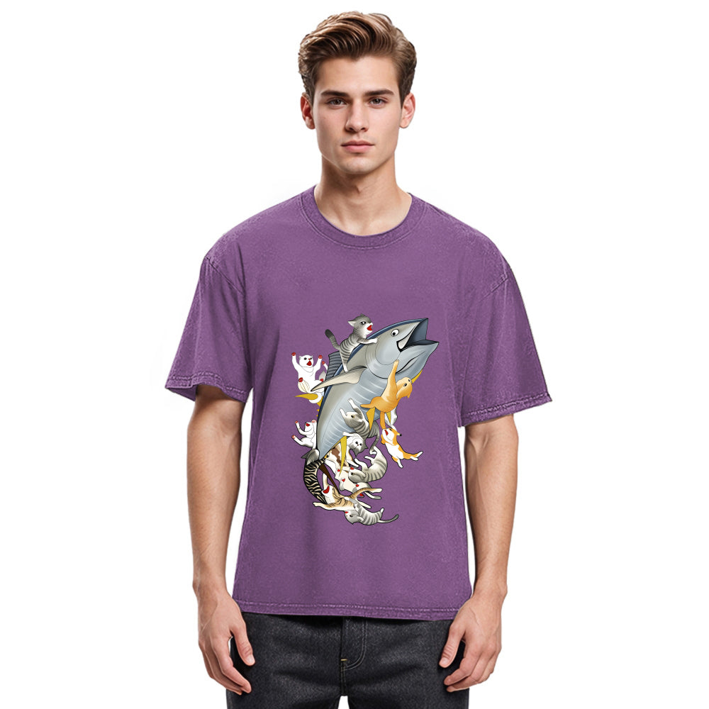 Tokyosol Cats Caught Tuna Washed T-Shirt