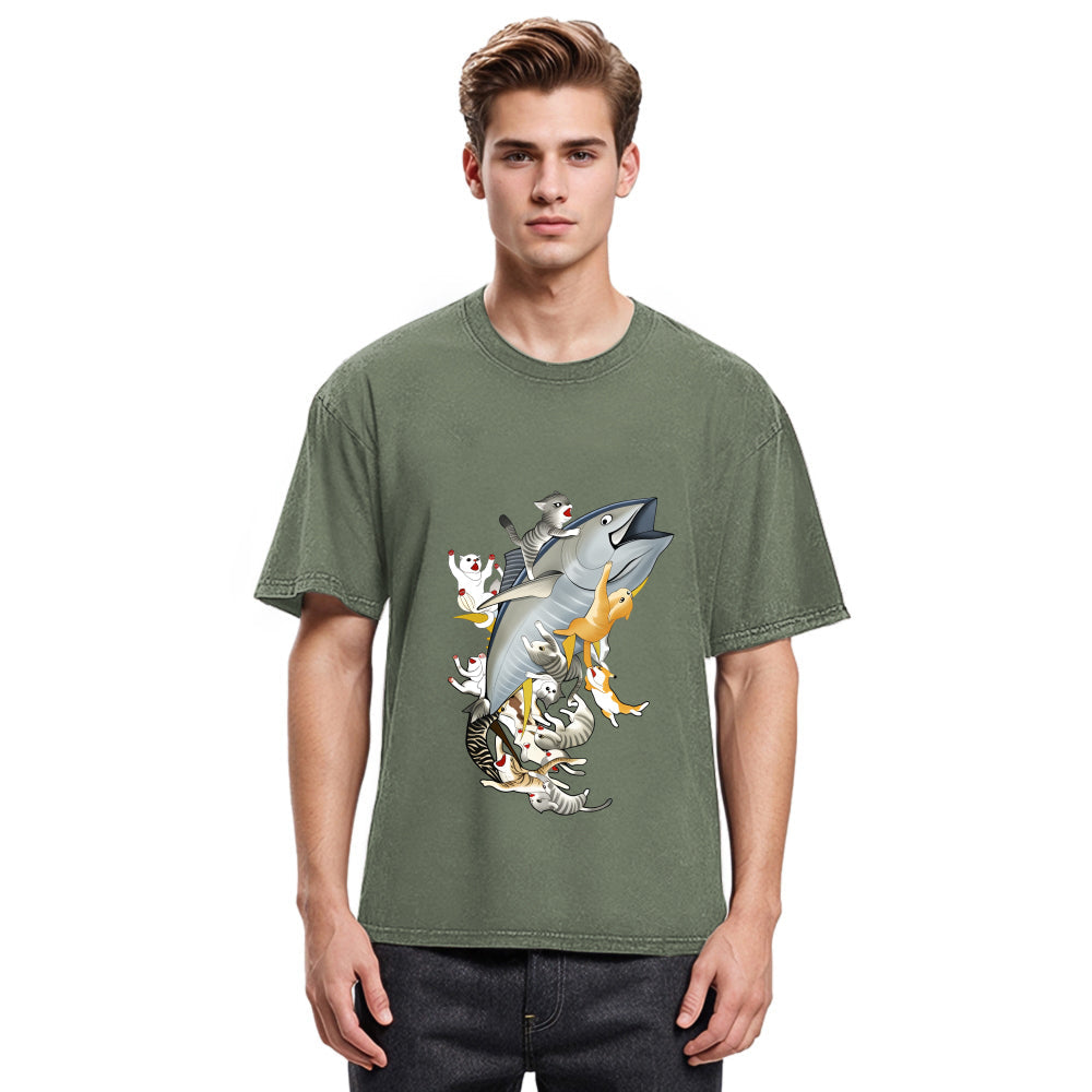 Tokyosol Cats Caught Tuna Washed T-Shirt