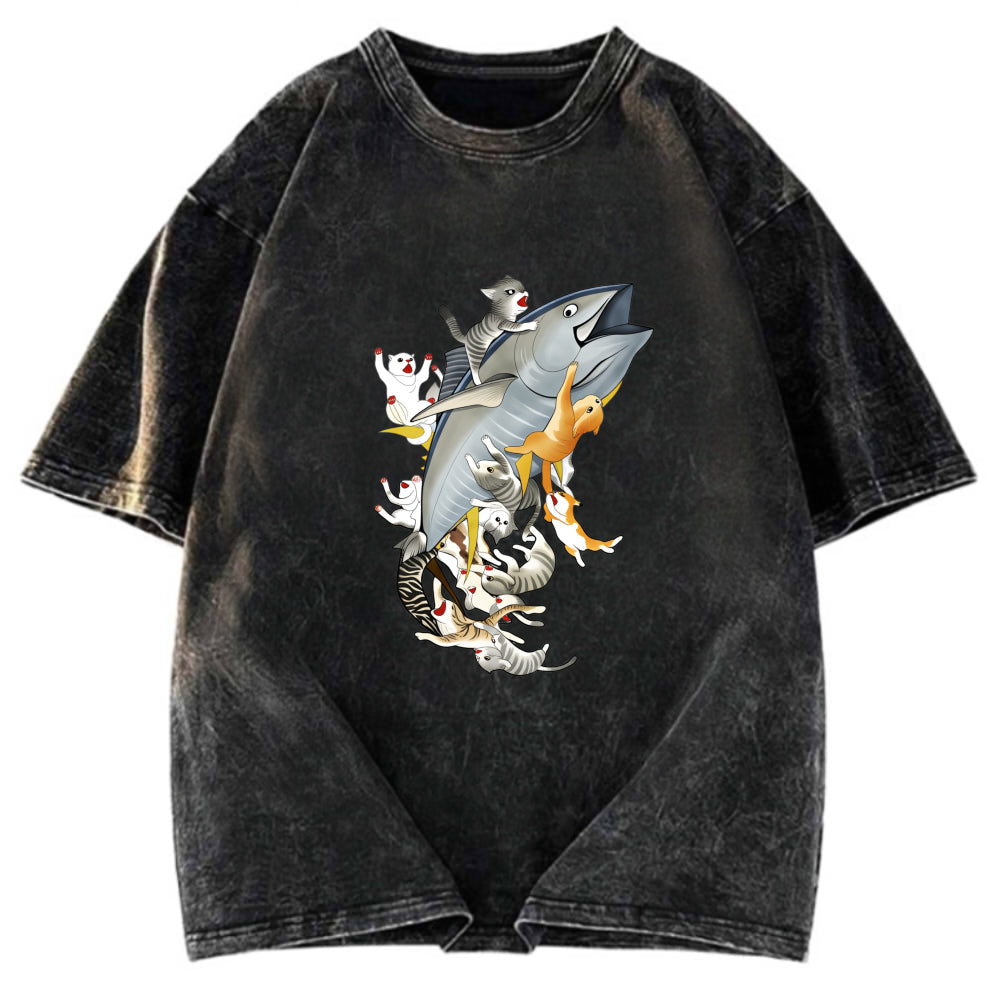 Tokyosol Cats Caught Tuna Washed T-Shirt