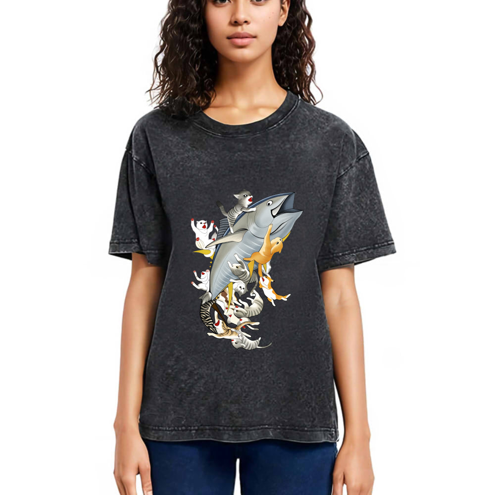 Tokyosol Cats Caught Tuna Washed T-Shirt