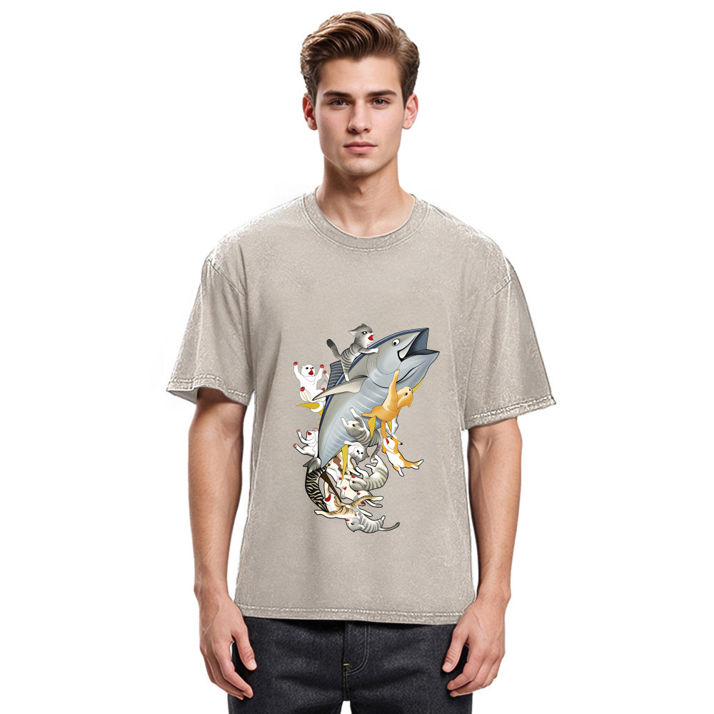 Tokyosol Cats Caught Tuna Washed T-Shirt