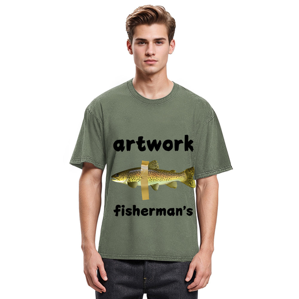Tokyosol Interesting Fish Art Washed T-Shirt