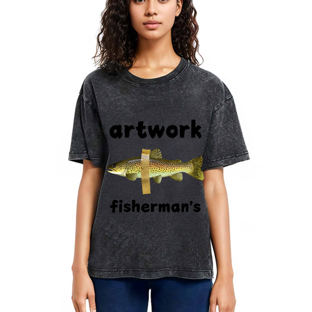 Tokyosol Interesting Fish Art Washed T-Shirt