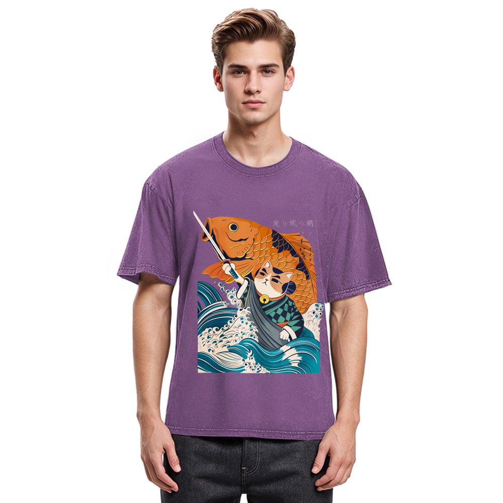 Tokyosol Samurai Cat And Goldfish Washed T-Shirt