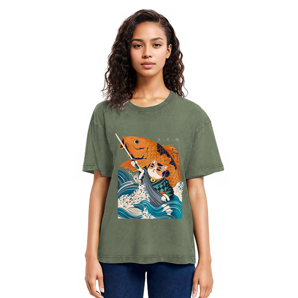 Tokyosol Samurai Cat And Goldfish Washed T-Shirt