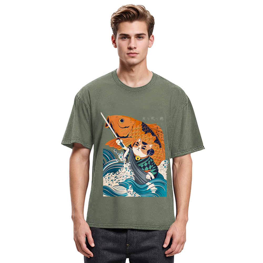 Tokyosol Samurai Cat And Goldfish Washed T-Shirt