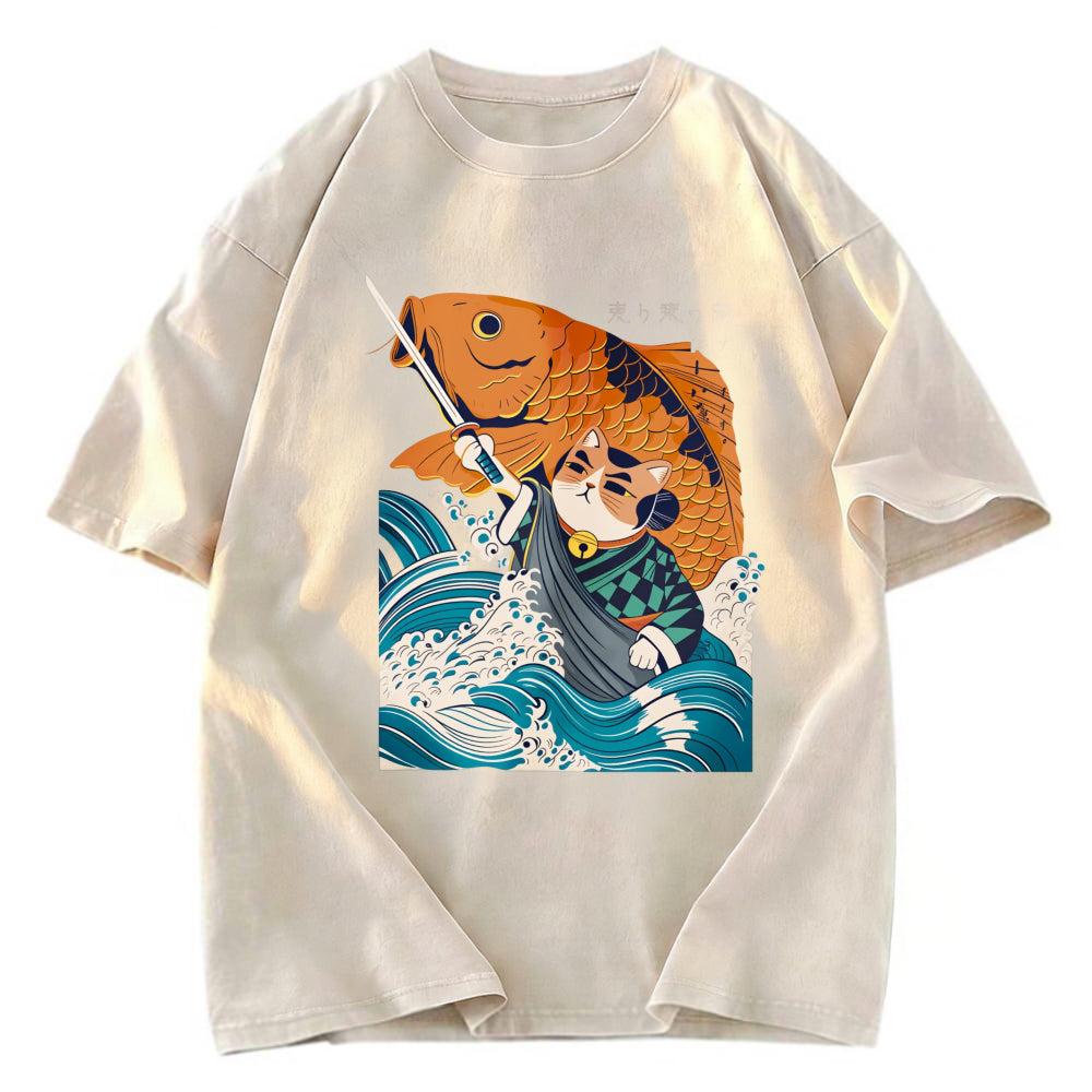 Tokyosol Samurai Cat And Goldfish Washed T-Shirt