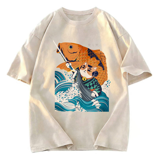 Tokyosol Samurai Cat And Goldfish Washed T-Shirt
