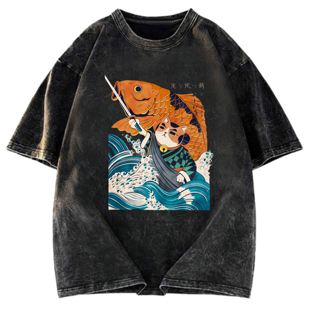 Tokyosol Samurai Cat And Goldfish Washed T-Shirt