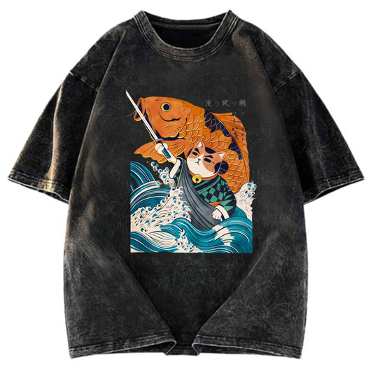 Tokyosol Samurai Cat And Goldfish Washed T-Shirt
