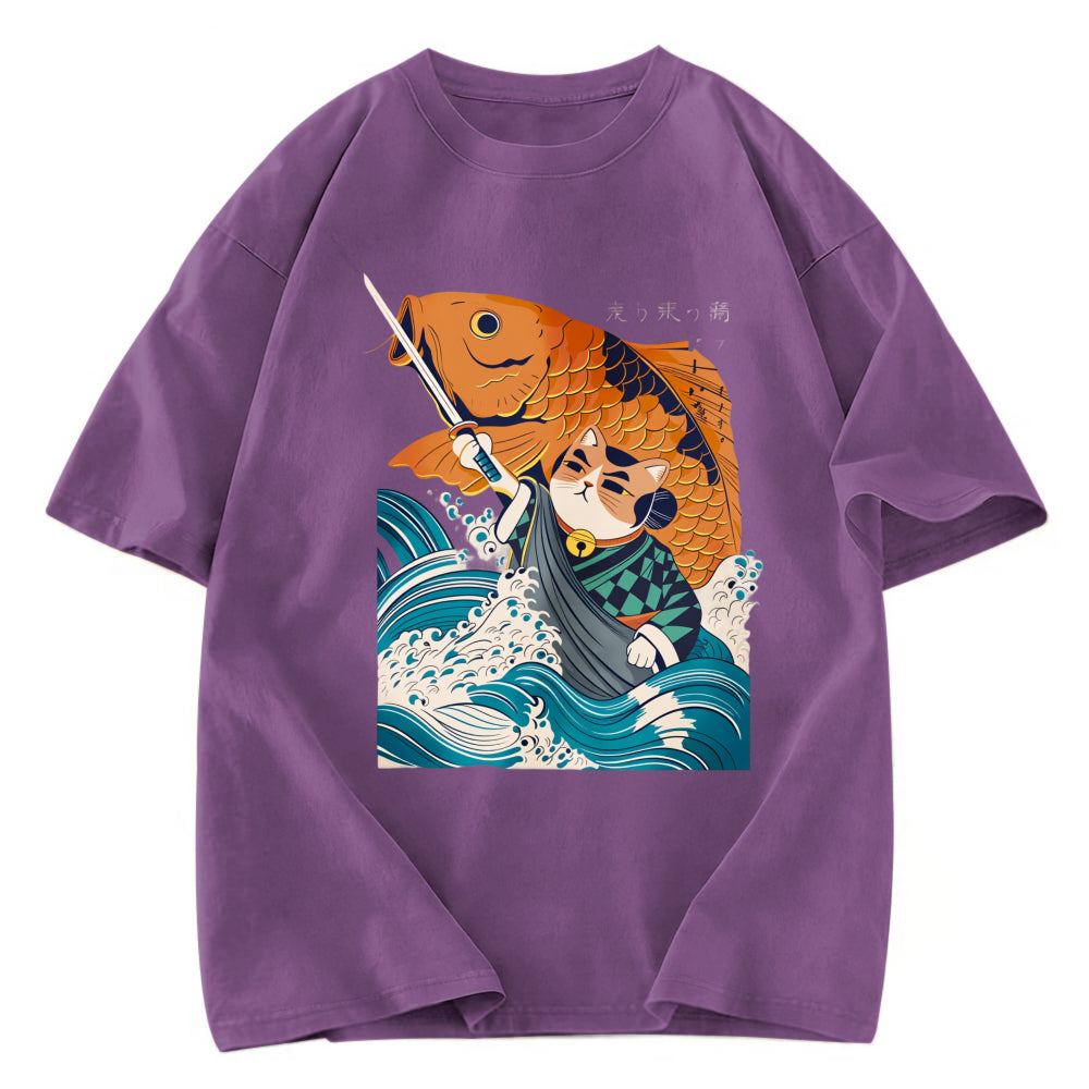 Tokyosol Samurai Cat And Goldfish Washed T-Shirt