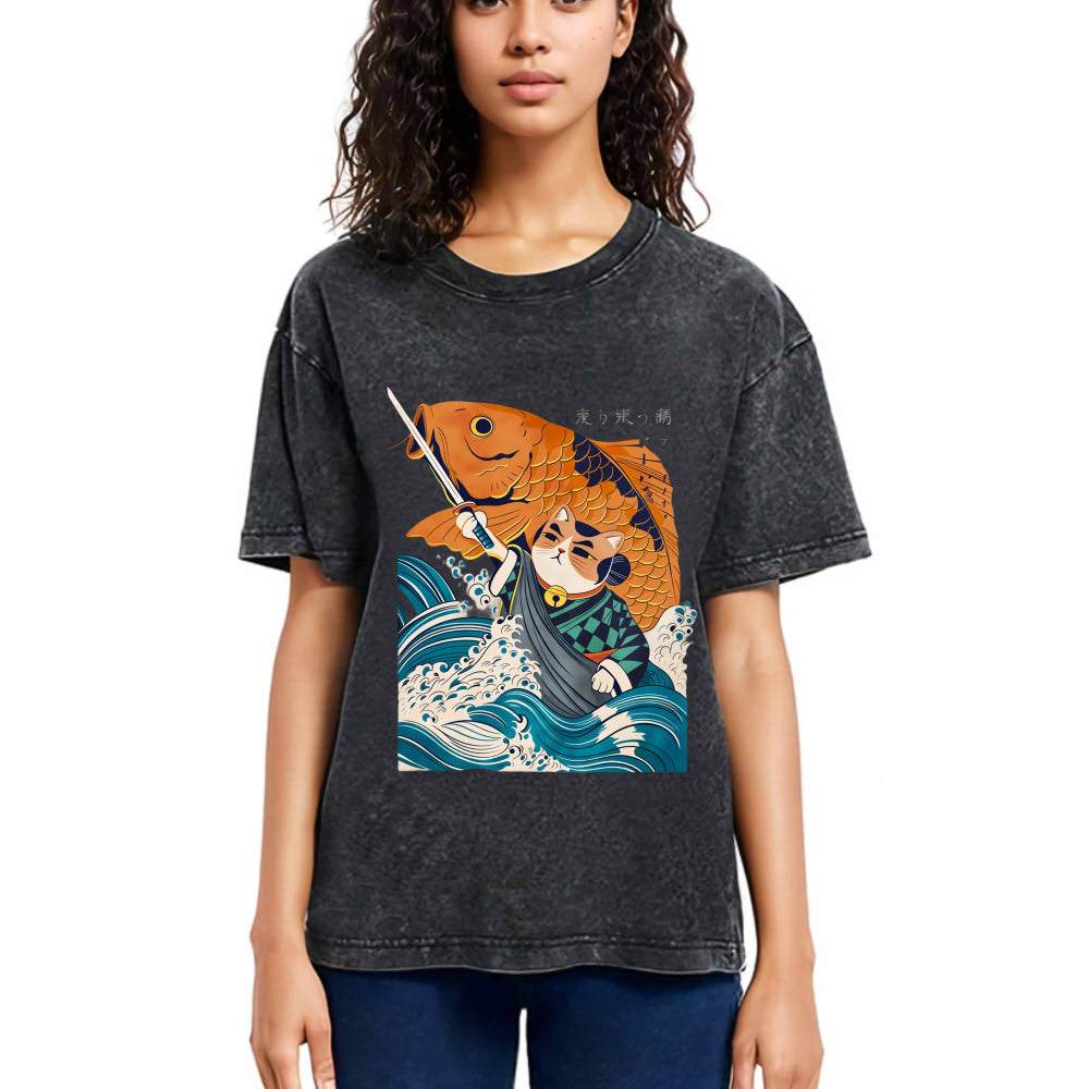 Tokyosol Samurai Cat And Goldfish Washed T-Shirt