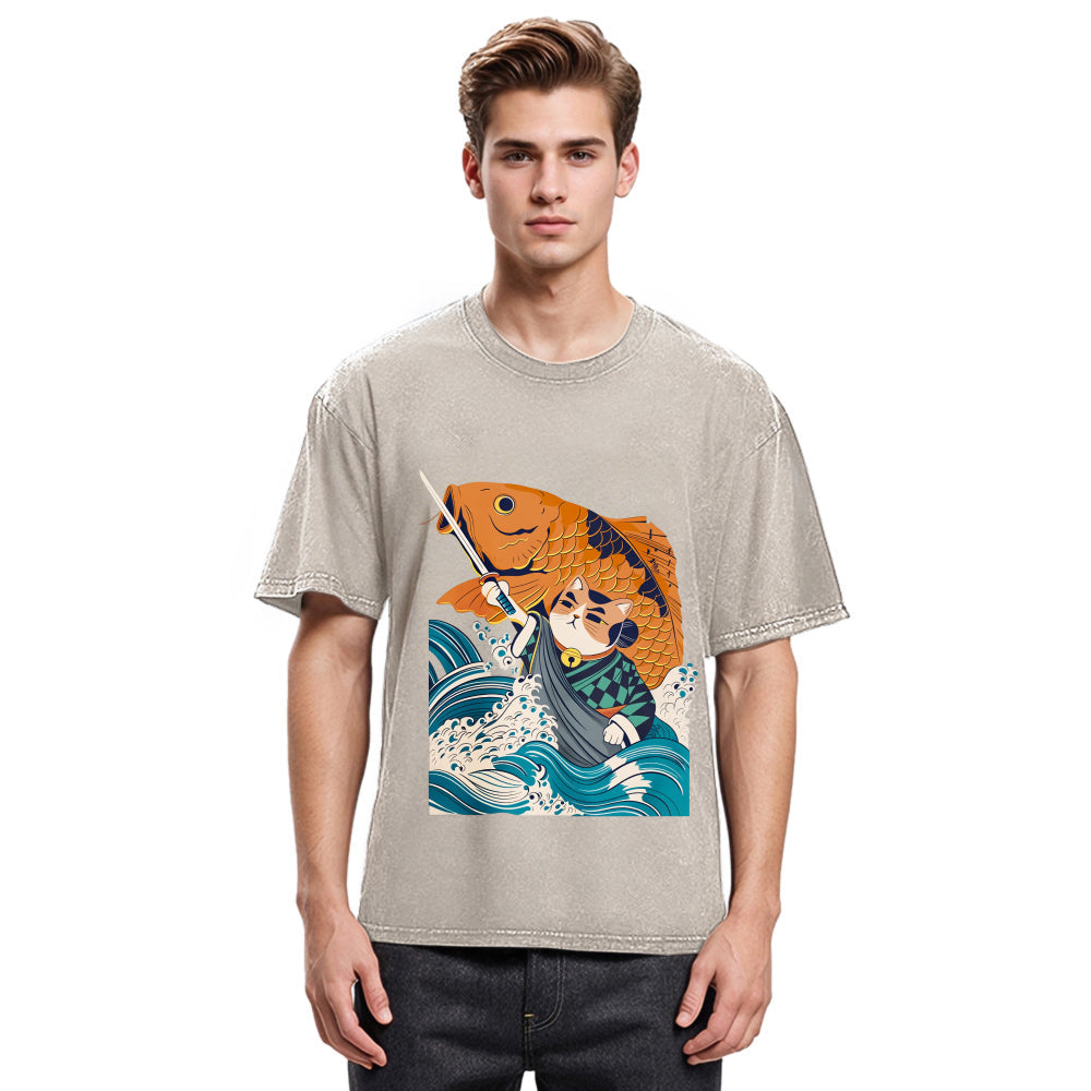 Tokyosol Samurai Cat And Goldfish Washed T-Shirt