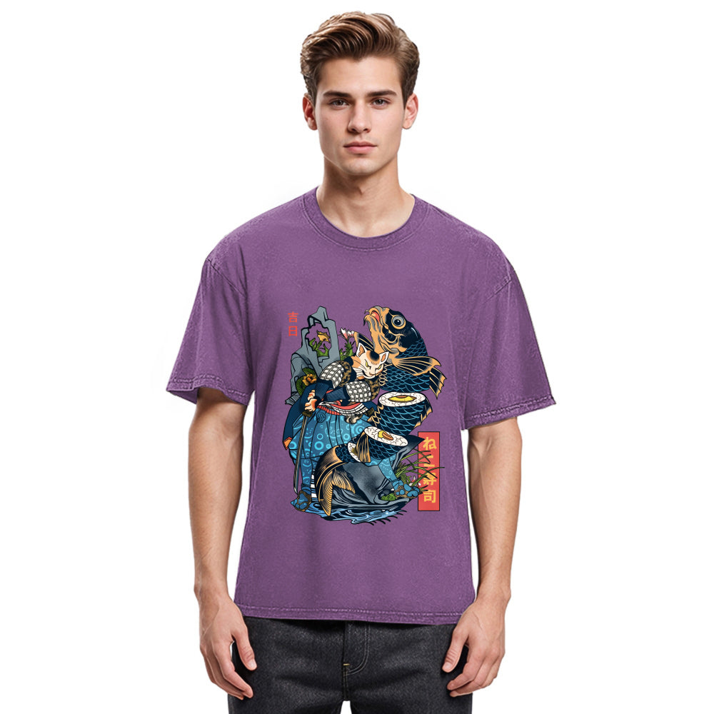 Tokyosol Funny Cat Kills Fish Washed T-Shirt