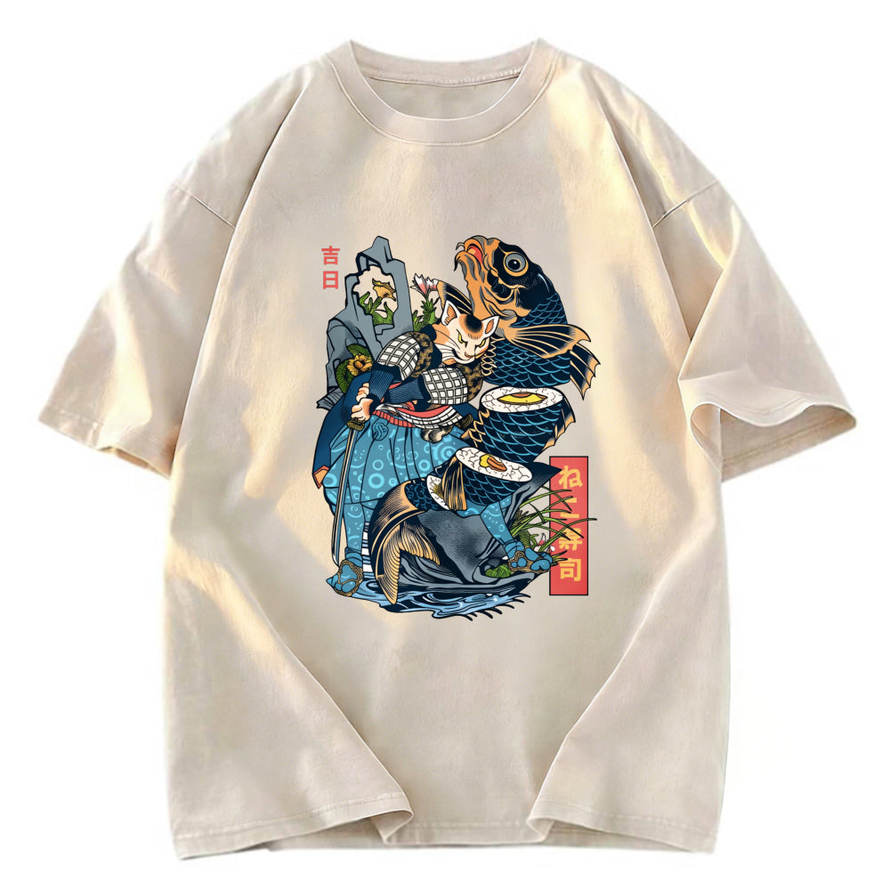 Tokyosol Funny Cat Kills Fish Washed T-Shirt