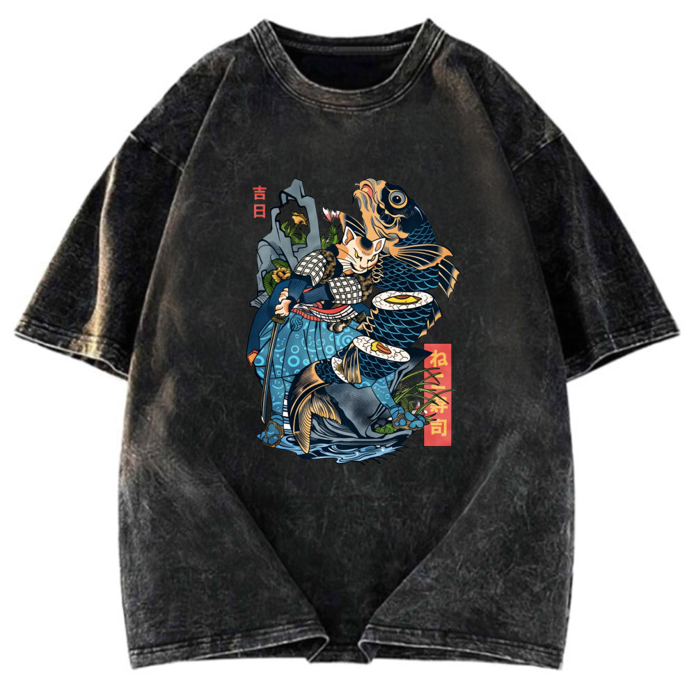 Tokyosol Funny Cat Kills Fish Washed T-Shirt