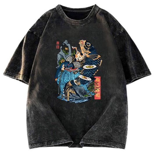 Tokyosol Funny Cat Kills Fish Washed T-Shirt
