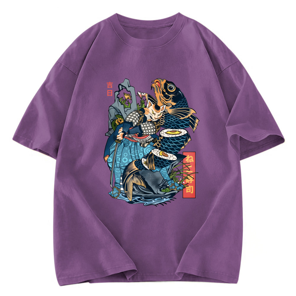 Tokyosol Funny Cat Kills Fish Washed T-Shirt