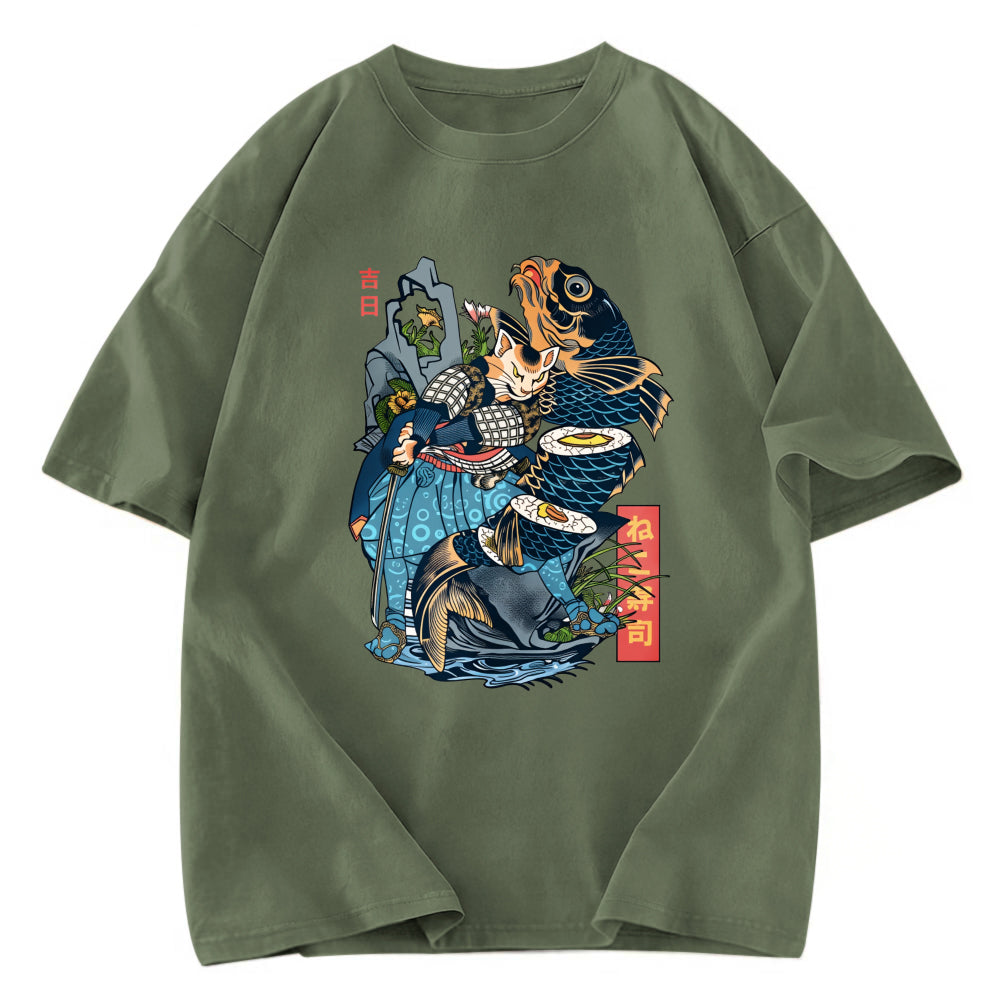 Tokyosol Funny Cat Kills Fish Washed T-Shirt