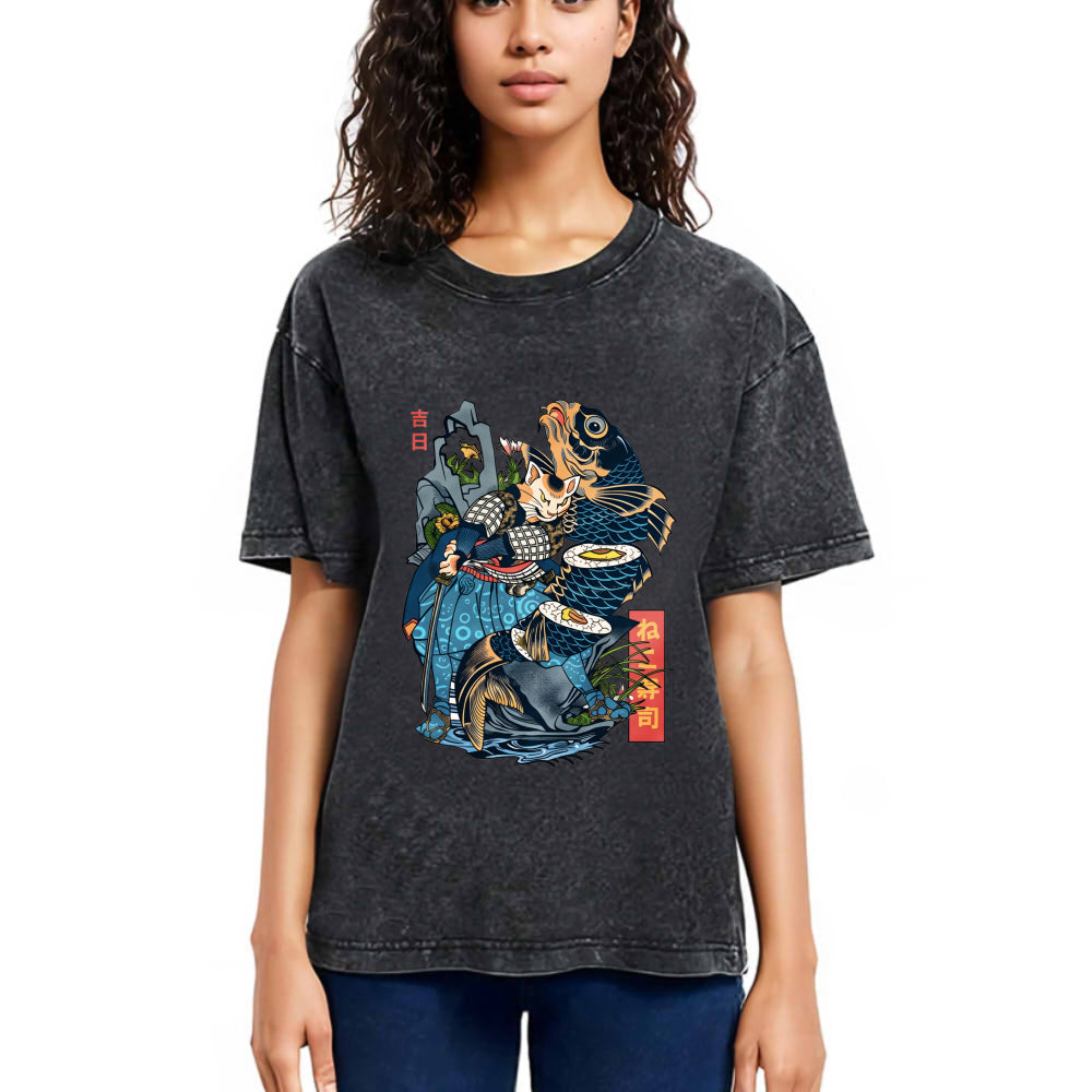 Tokyosol Funny Cat Kills Fish Washed T-Shirt