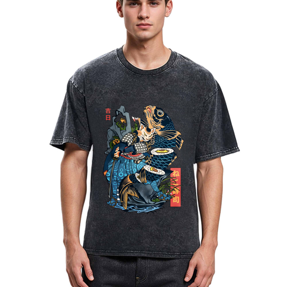 Tokyosol Funny Cat Kills Fish Washed T-Shirt