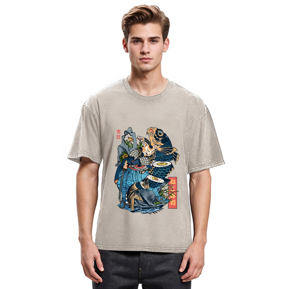 Tokyosol Funny Cat Kills Fish Washed T-Shirt