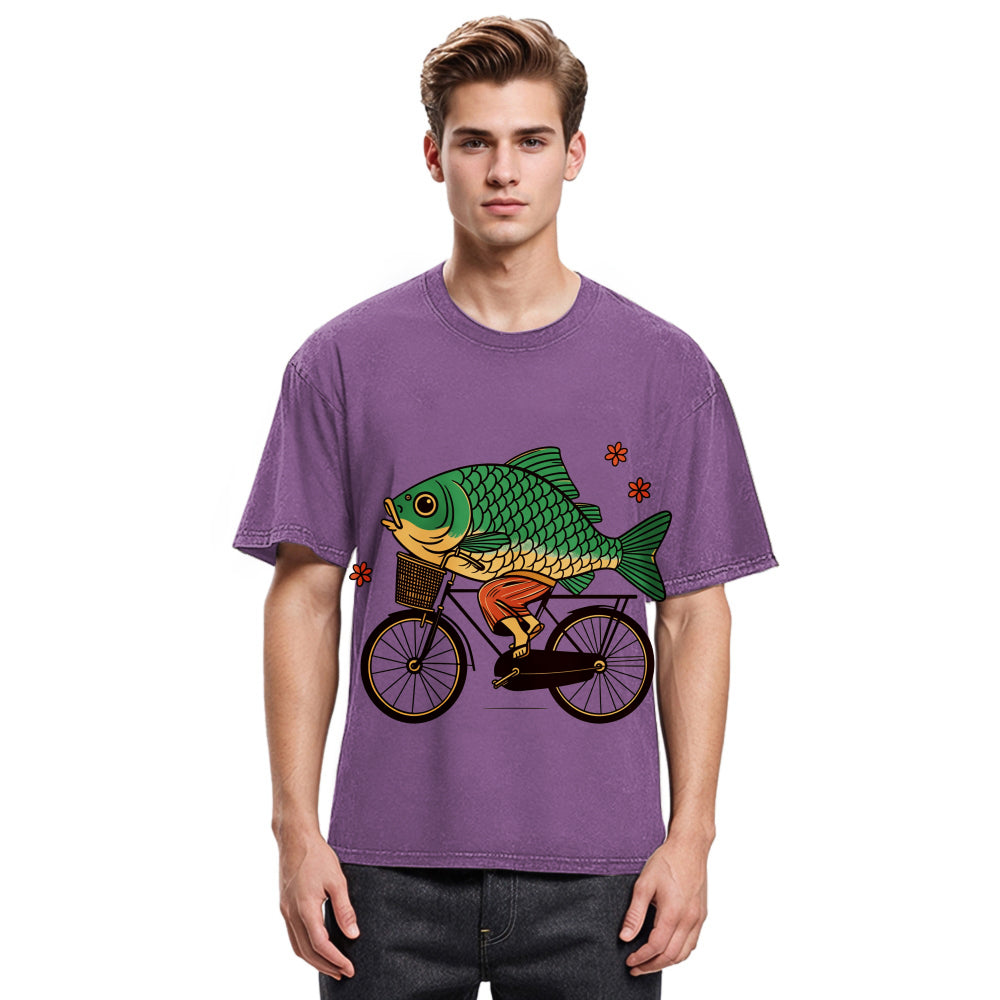 Tokyosol Funny Fish Riding A Bicycle Washed T-Shirt