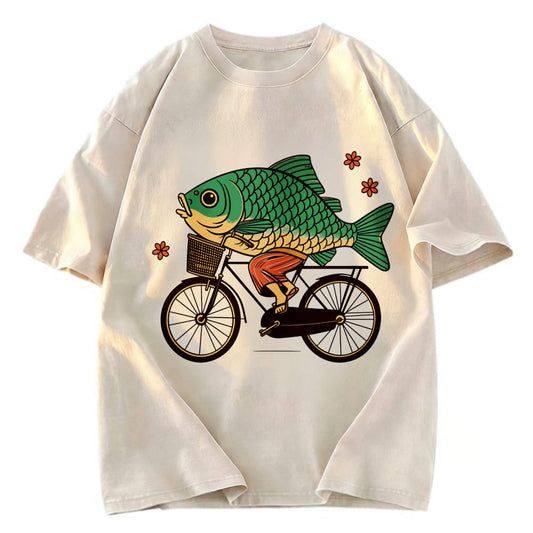 Tokyosol Funny Fish Riding A Bicycle Washed T-Shirt