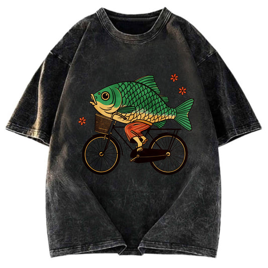 Tokyosol Funny Fish Riding A Bicycle Washed T-Shirt