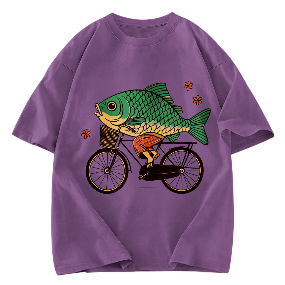 Tokyosol Funny Fish Riding A Bicycle Washed T-Shirt