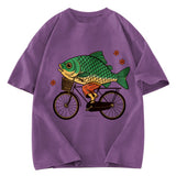 Tokyosol Funny Fish Riding A Bicycle Washed T-Shirt