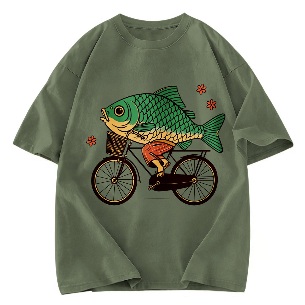 Tokyosol Funny Fish Riding A Bicycle Washed T-Shirt