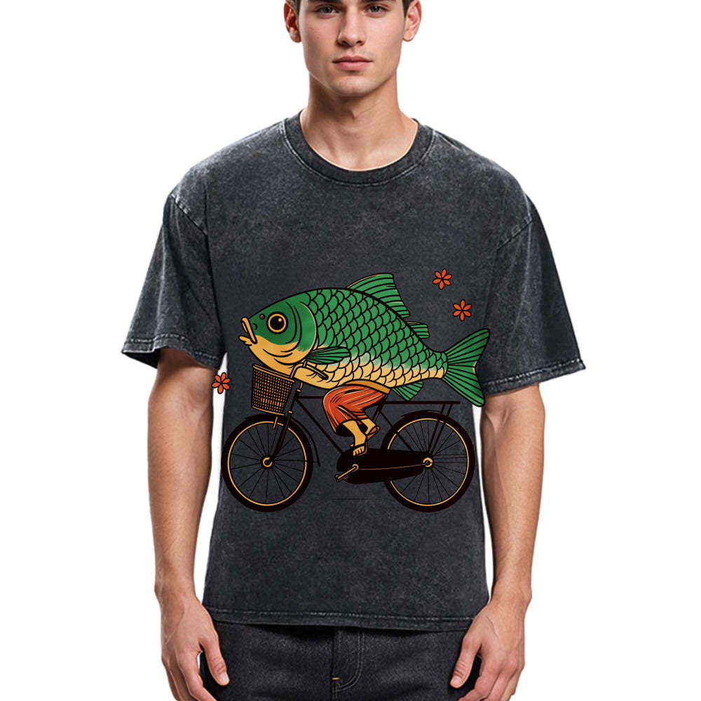 Tokyosol Funny Fish Riding A Bicycle Washed T-Shirt