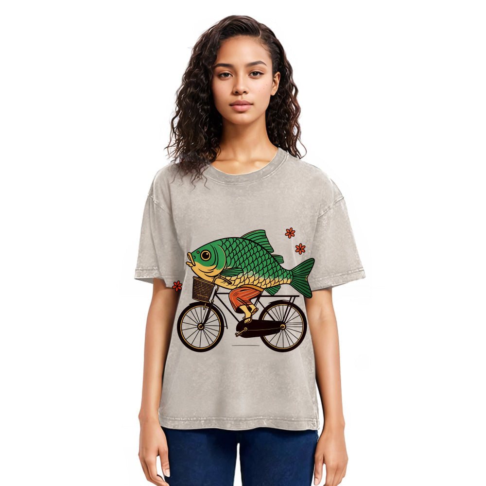 Tokyosol Funny Fish Riding A Bicycle Washed T-Shirt