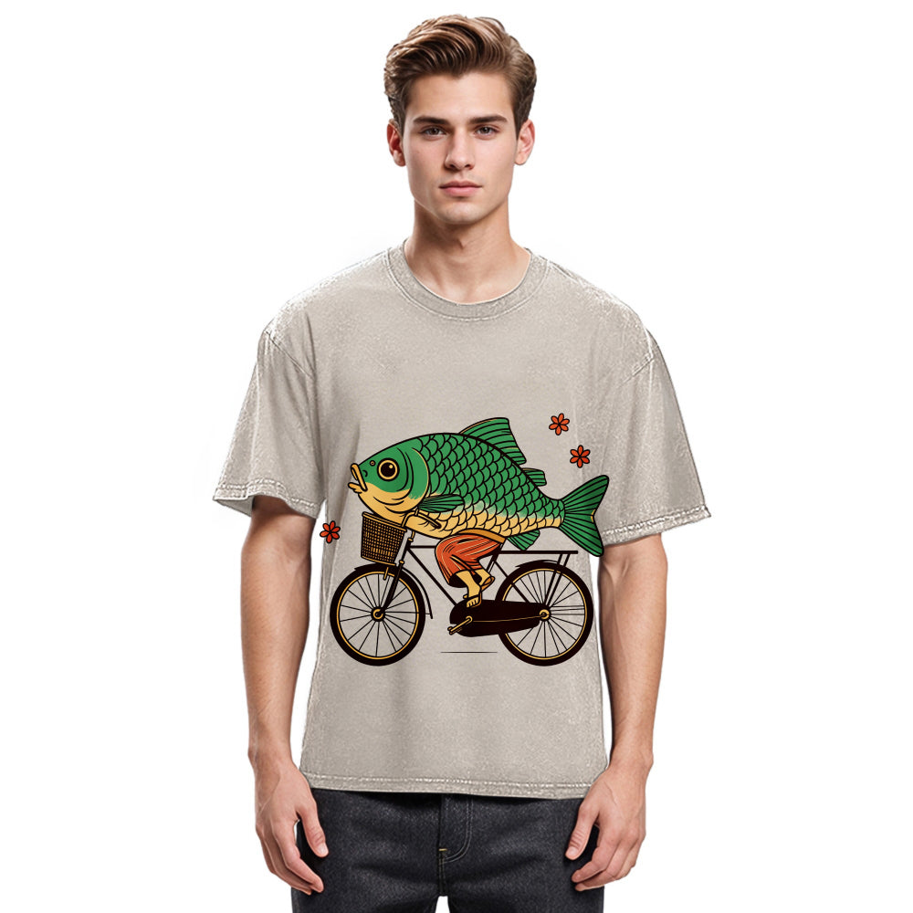 Tokyosol Funny Fish Riding A Bicycle Washed T-Shirt