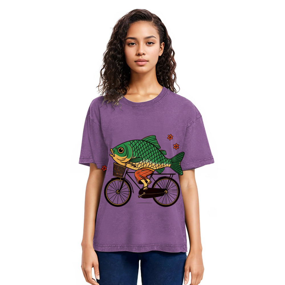 Tokyosol Funny Fish Riding A Bicycle Washed T-Shirt