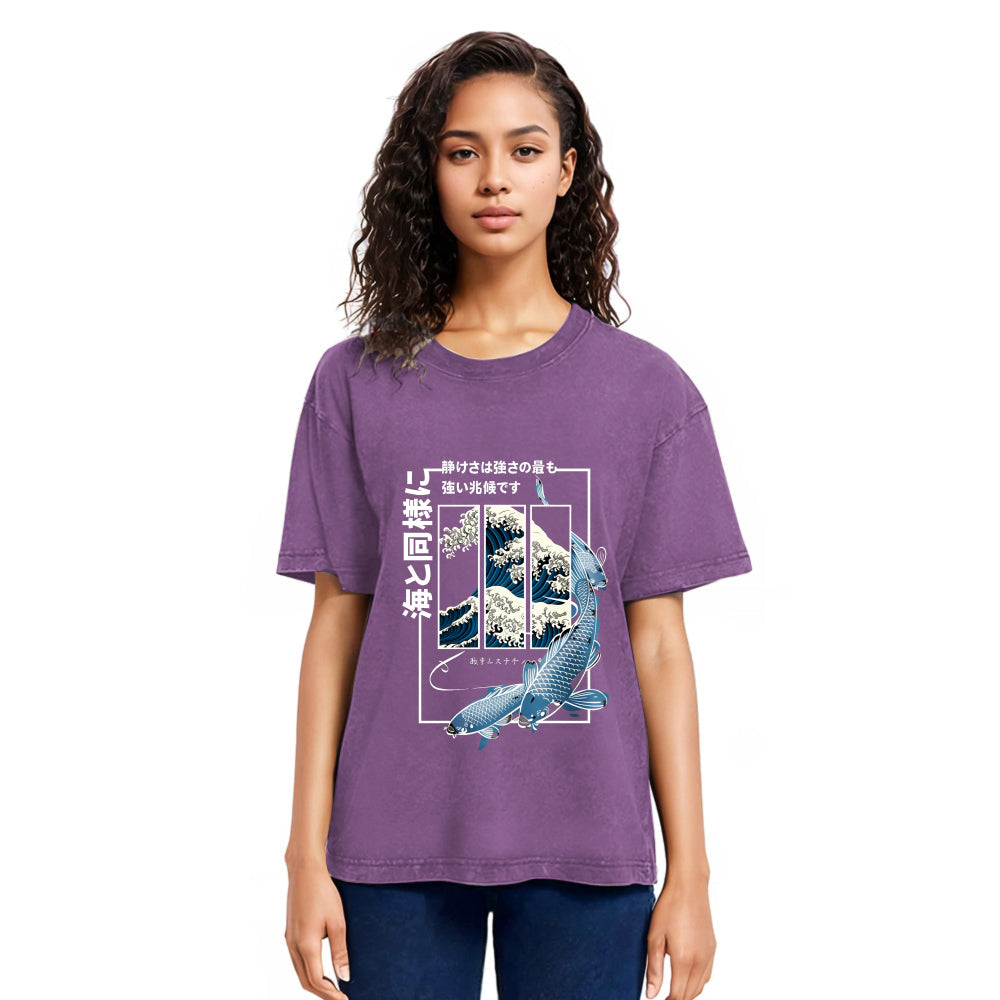 Tokyosol Ukiyoe Waves And Fish Washed T-Shirt