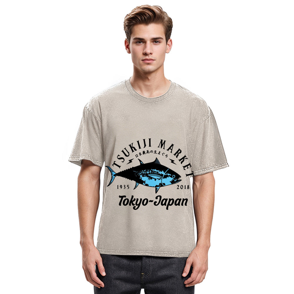 Tokyosol Tsukiji Fish Market Blue Fish Washed T-Shirt