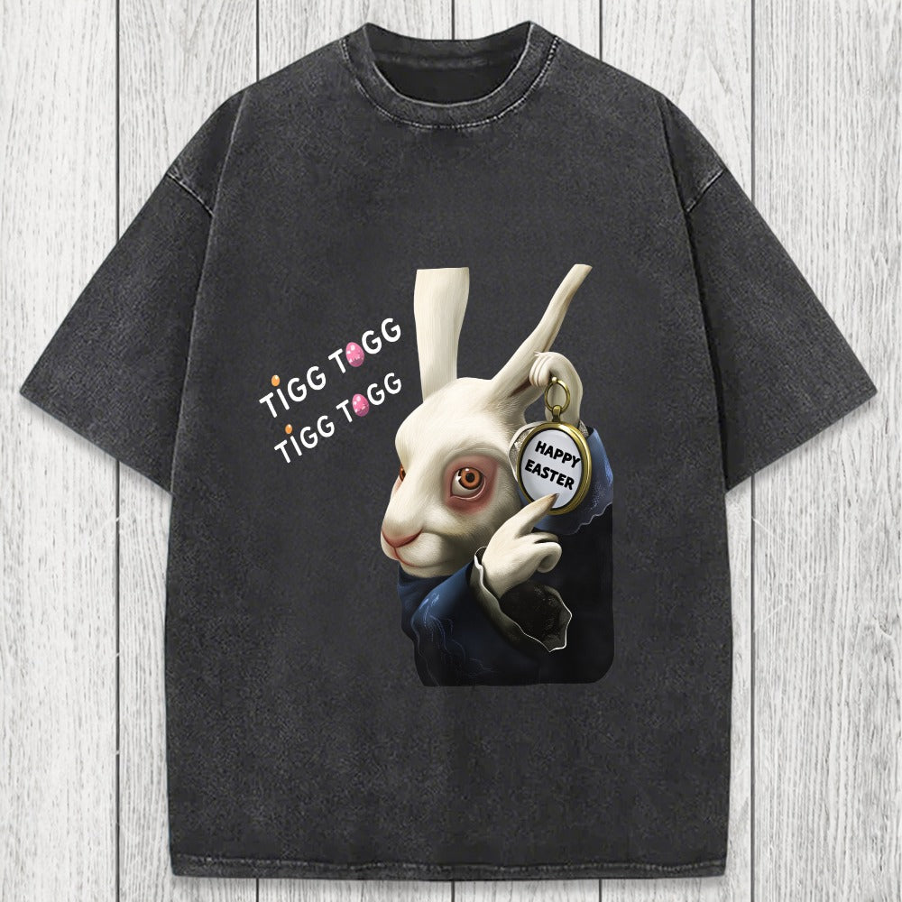 Tokyosol Tick Tock Funny Easter Bunny Washed T-Shirt