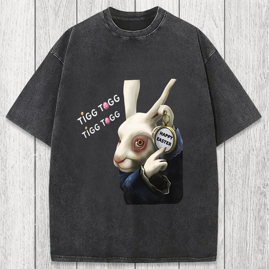 Tokyosol Tick Tock Funny Easter Bunny Washed T-Shirt