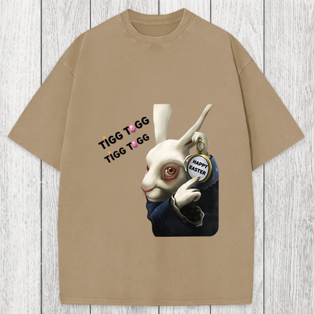 Tokyosol Tick Tock Funny Easter Bunny Washed T-Shirt