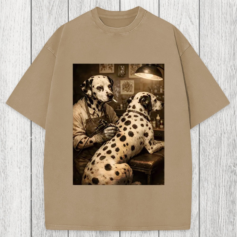 Tokyosol Funny Dalmatian Tattoo Dog Washed T-Shirt