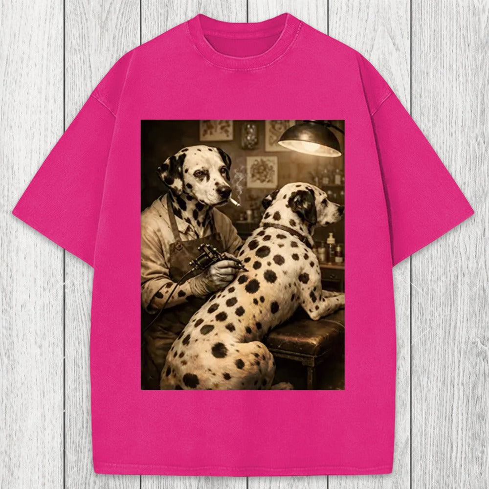 Tokyosol Funny Dalmatian Tattoo Dog Washed T-Shirt