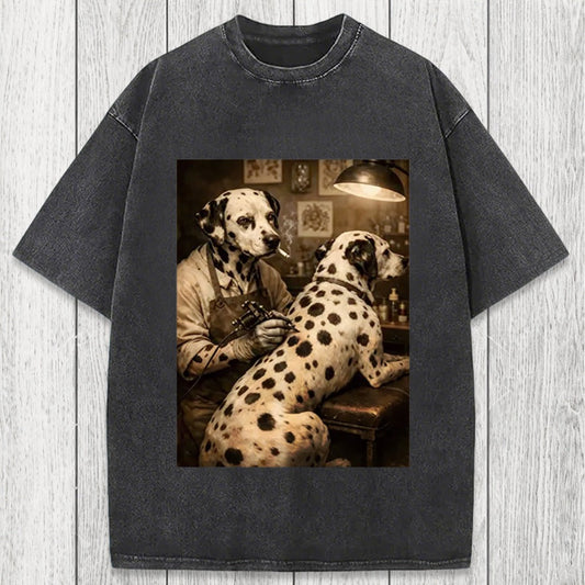 Tokyosol Funny Dalmatian Tattoo Dog Washed T-Shirt