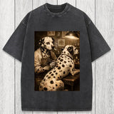 Tokyosol Funny Dalmatian Tattoo Dog Washed T-Shirt