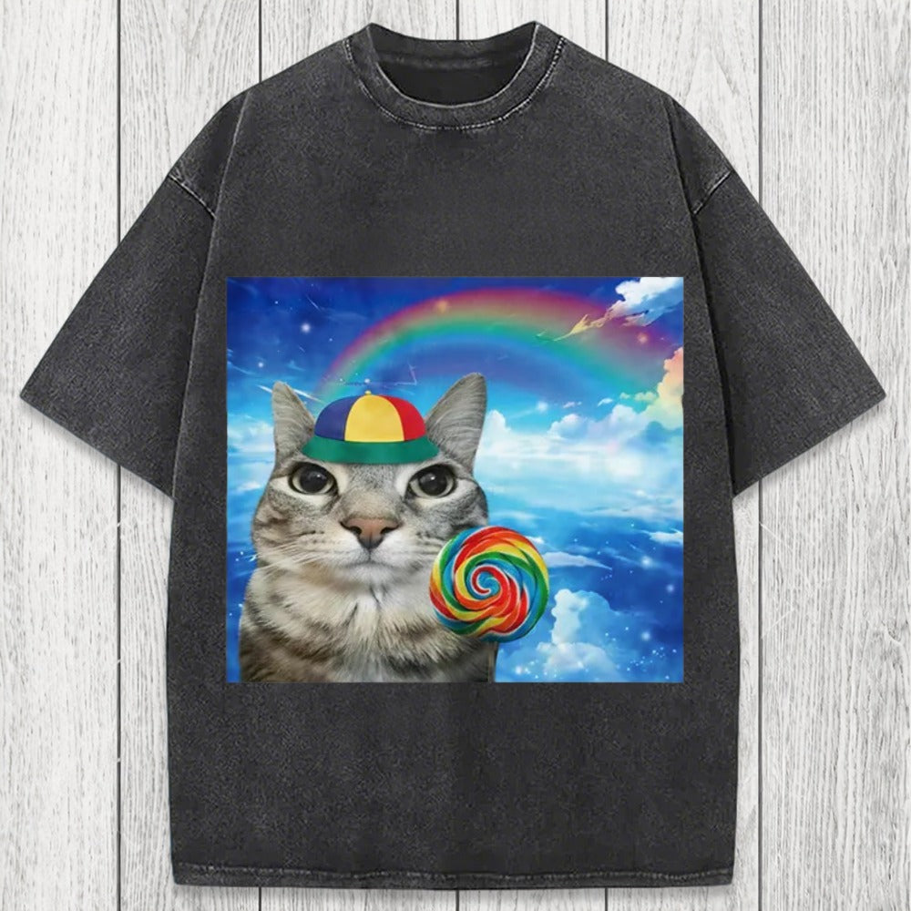 Tokyosol Wholesome Rainbow Cat Washed T-Shirt